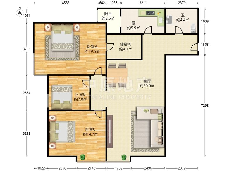 美景东方3室1厅2卫格局方正客厅朝南