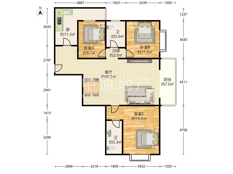 17平 厨11.35平 卧室b11.75平 阳台6.99平 卧室c19平 卫5.